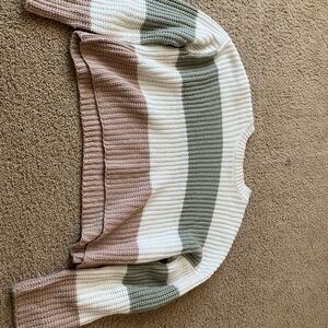 moon & madison Striped Waffle-Knit Crewneck Sweater in Cream, Taupe & Sage